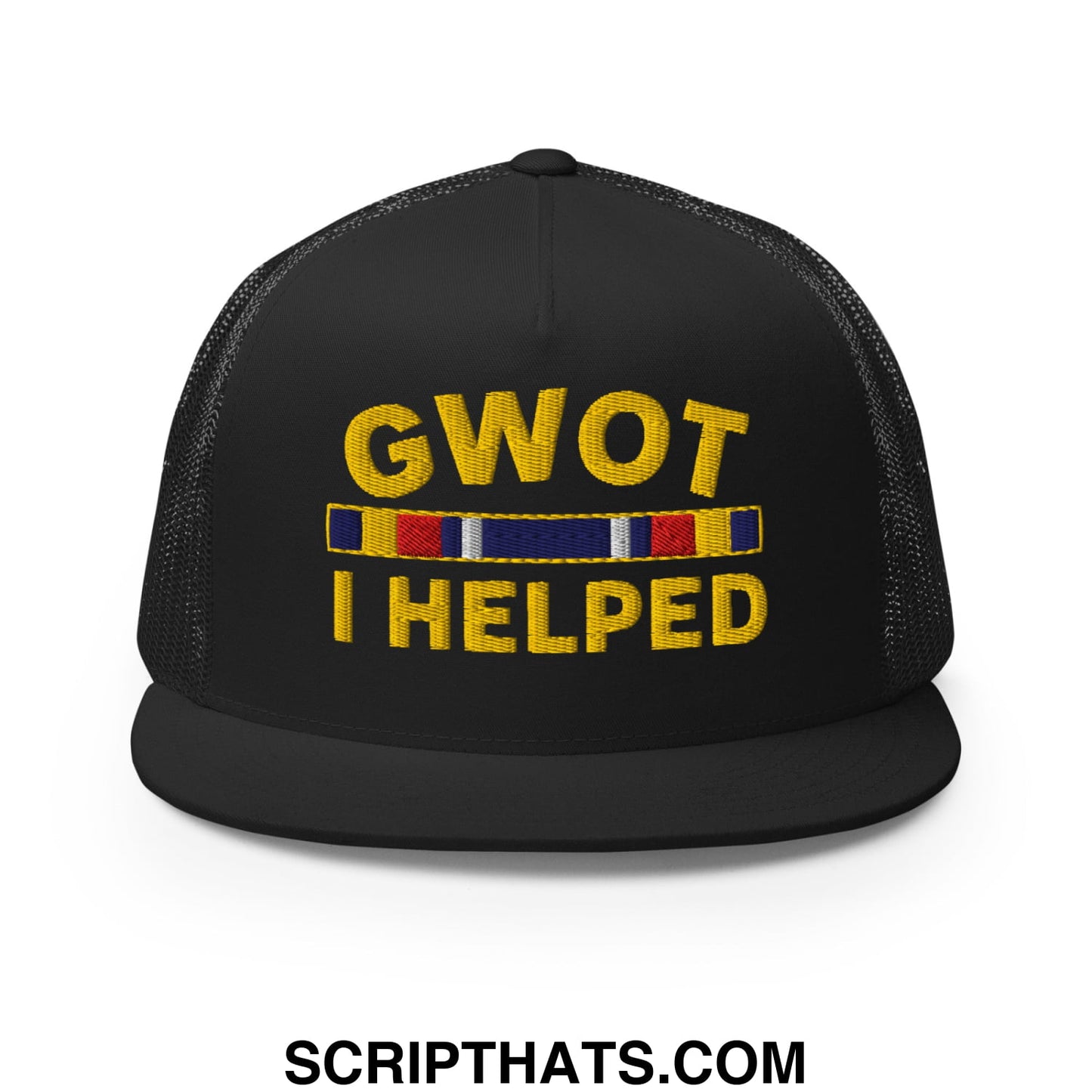 GWOT I Helped Embroidered Flat Bill Brim Mesh Trucker Hat Black
