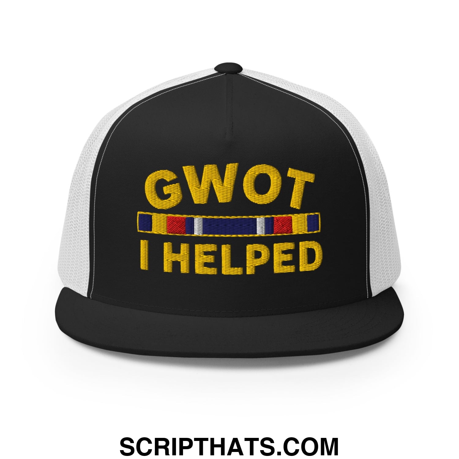 GWOT I Helped Embroidered Flat Bill Brim Mesh Trucker Hat Black White