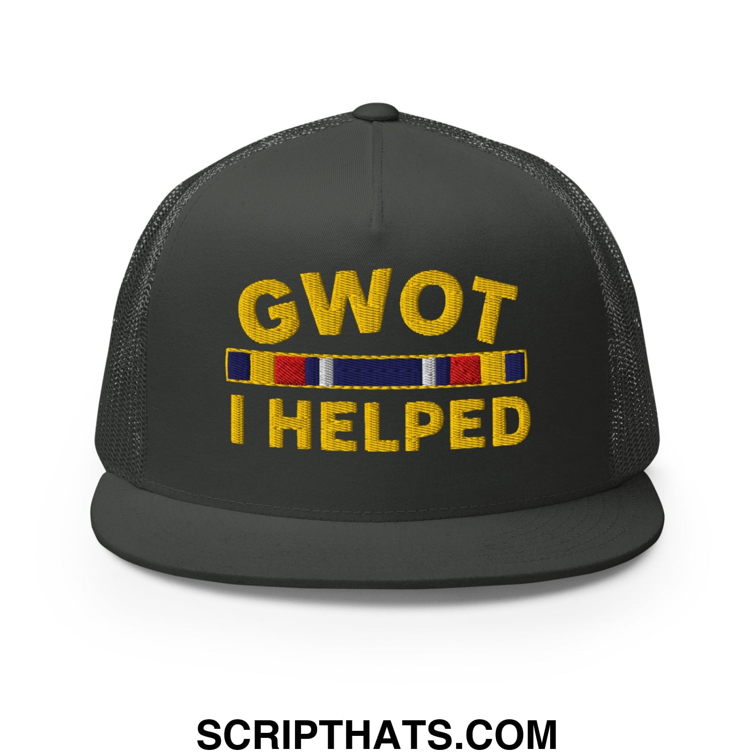 GWOT I Helped Embroidered Flat Bill Brim Mesh Trucker Hat Charcoal