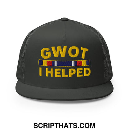 GWOT I Helped Embroidered Flat Bill Brim Mesh Trucker Hat Charcoal