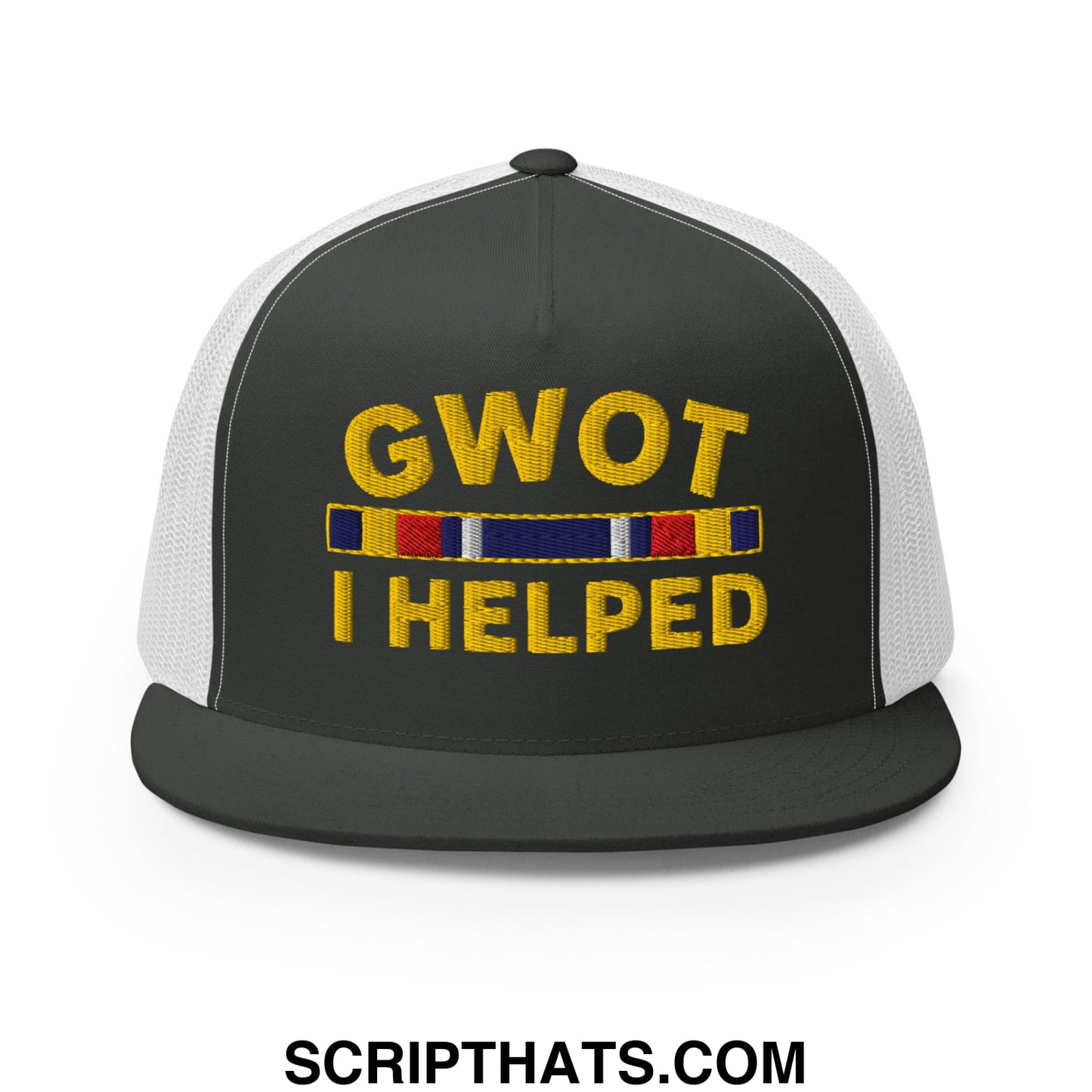 GWOT I Helped Embroidered Flat Bill Brim Mesh Trucker Hat Charcoal White