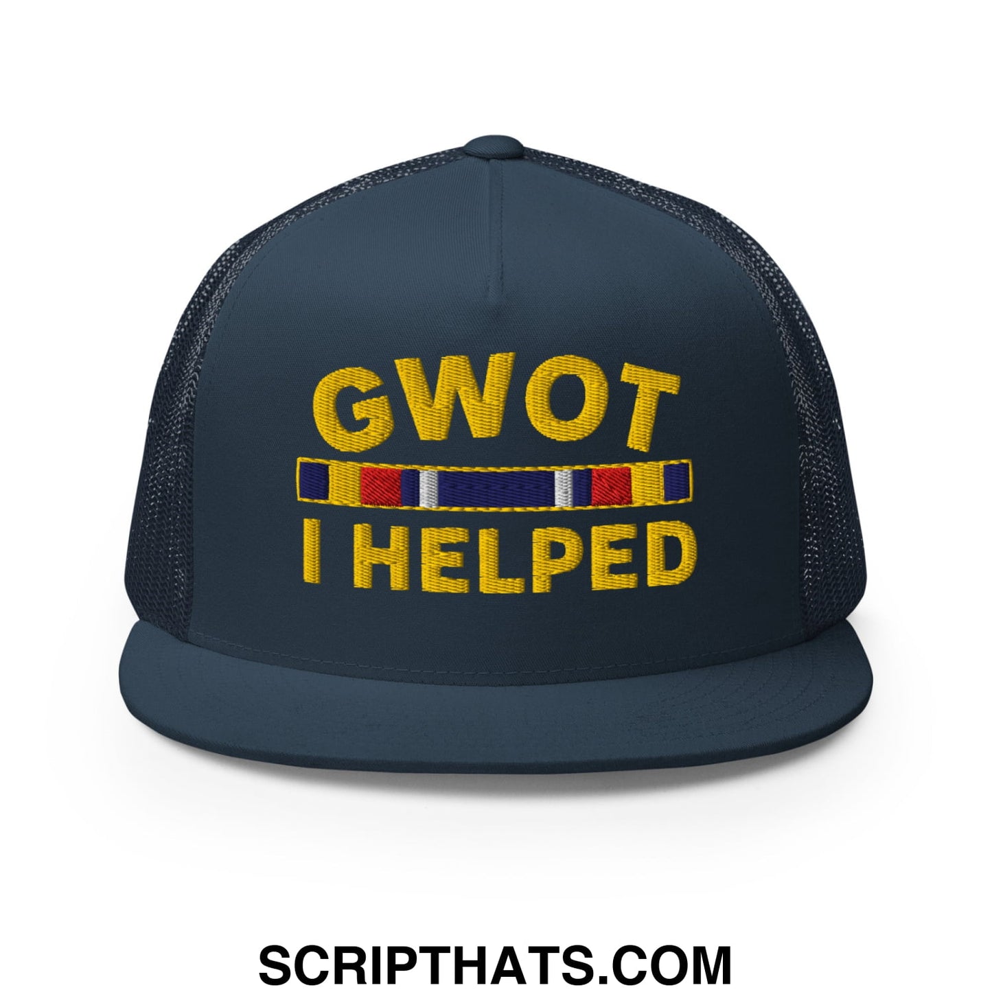 GWOT I Helped Embroidered Flat Bill Brim Mesh Trucker Hat Navy