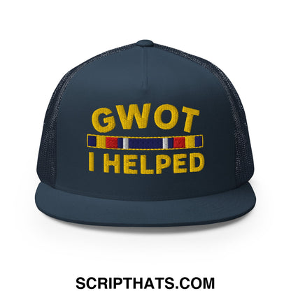 GWOT I Helped Embroidered Flat Bill Brim Mesh Trucker Hat Navy