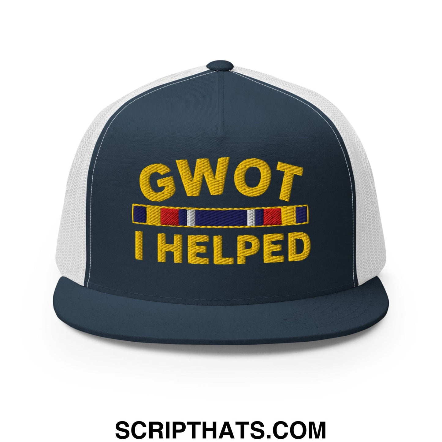 GWOT I Helped Embroidered Flat Bill Brim Mesh Trucker Hat Navy White