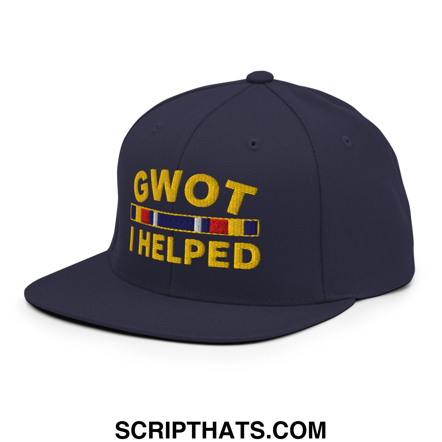 GWOT I Helped Embroidered Flat Bill Brim Snapback Hat Navy