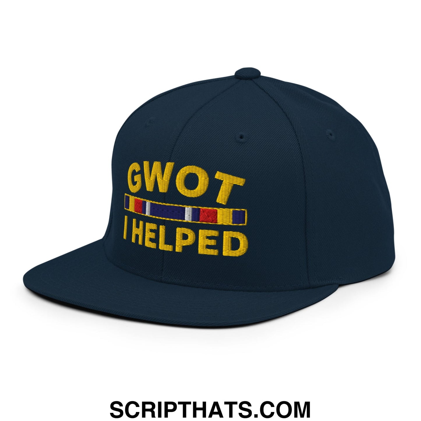 GWOT I Helped Embroidered Flat Bill Brim Snapback Hat Dark Navy