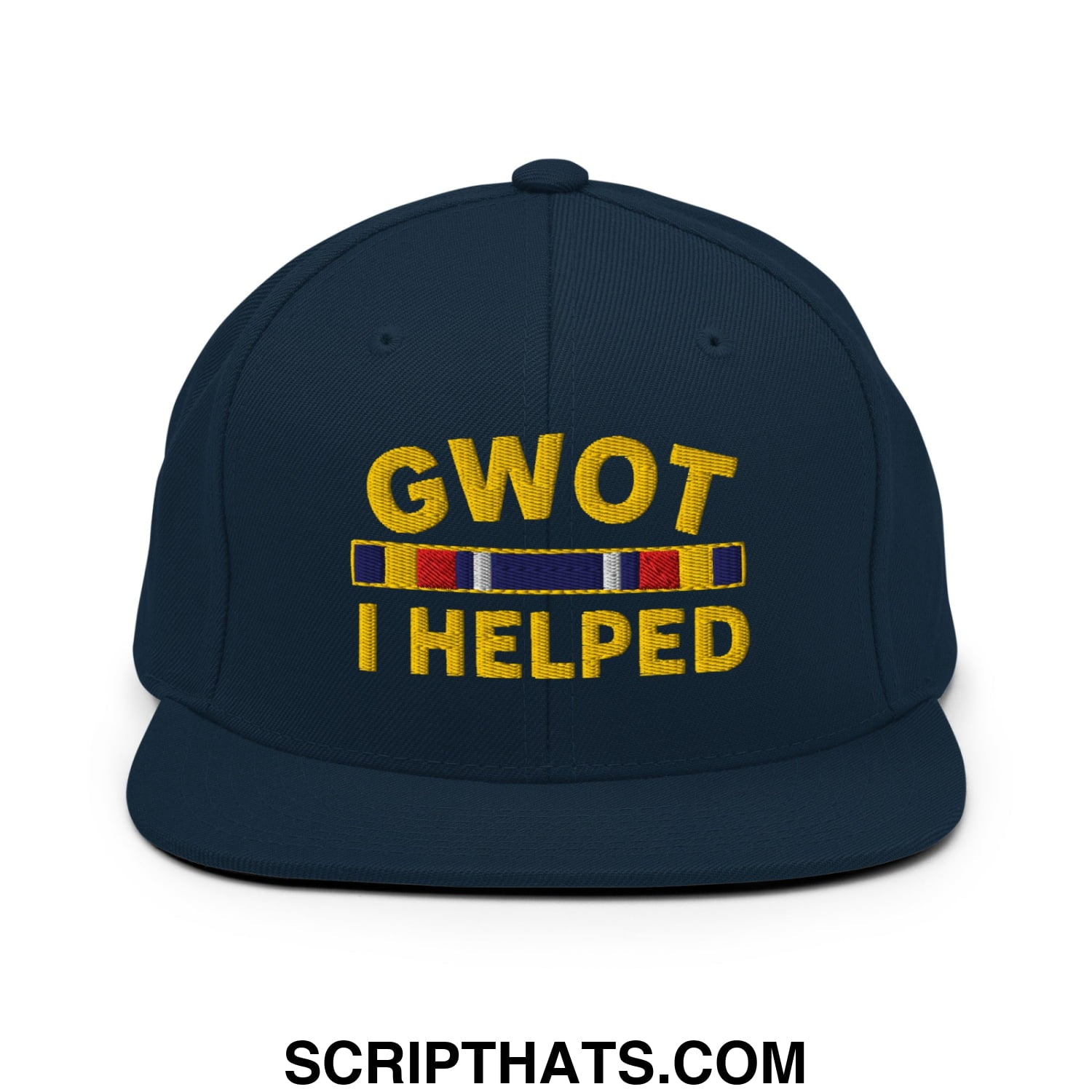 GWOT I Helped Embroidered Flat Bill Brim Snapback Hat Dark Navy
