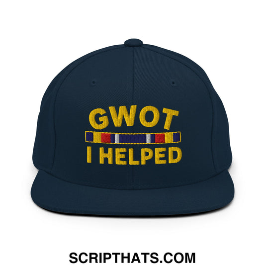 GWOT I Helped Embroidered Flat Bill Brim Snapback Hat Dark Navy