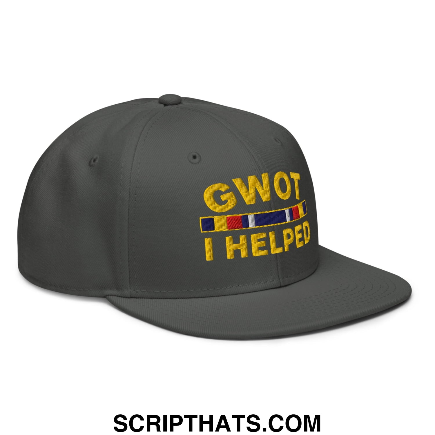 GWOT I Helped Embroidered Flat Brim Bill Snapback Hat Charcoal gray