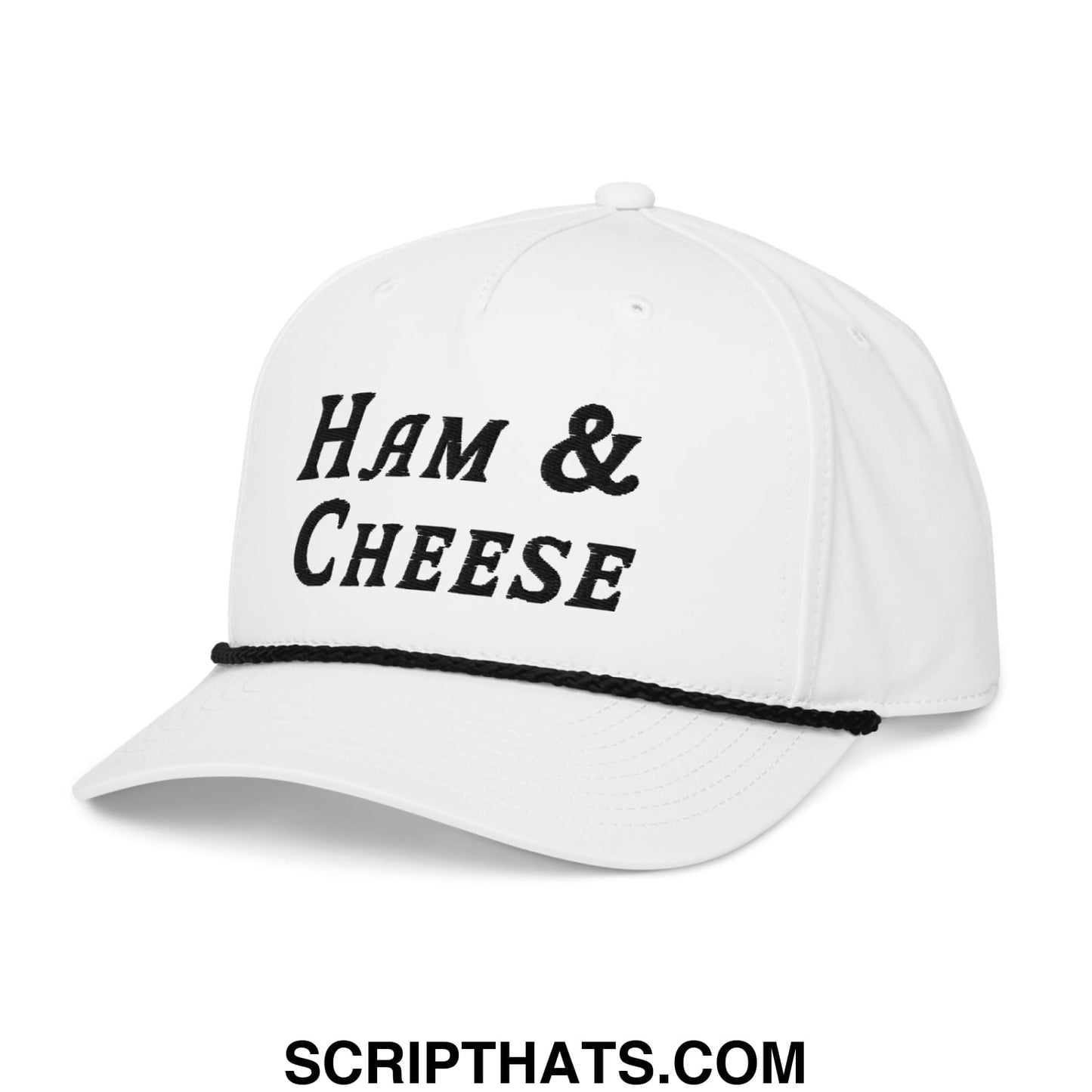 White golf rope hat with black embroidered ham and cheese text and matching black brim trim