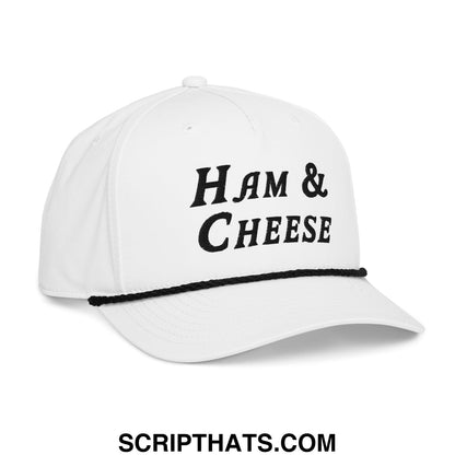 White ham and cheese embroidered golf rope hat with black brim trim and matching text on the front