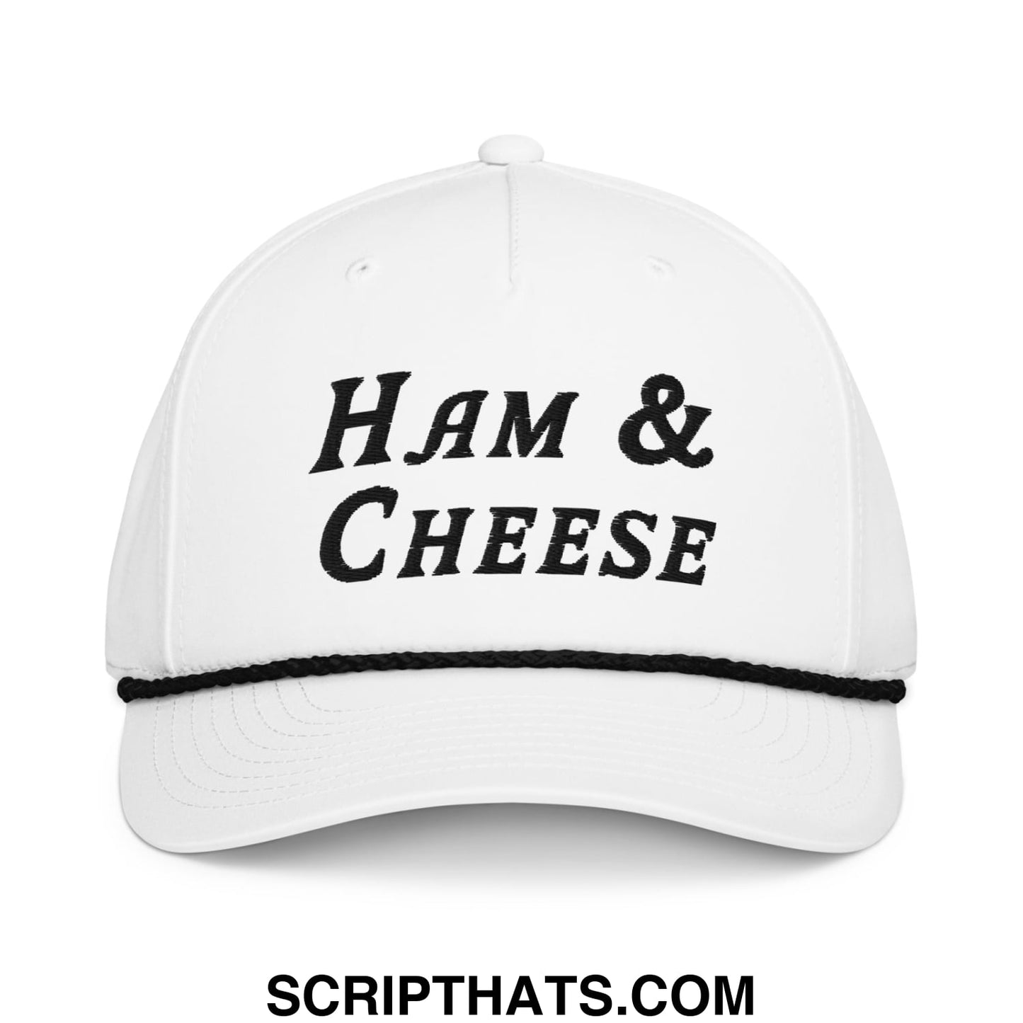 White golf rope hat with black embroidered ham and cheese text and matching black stitched brim