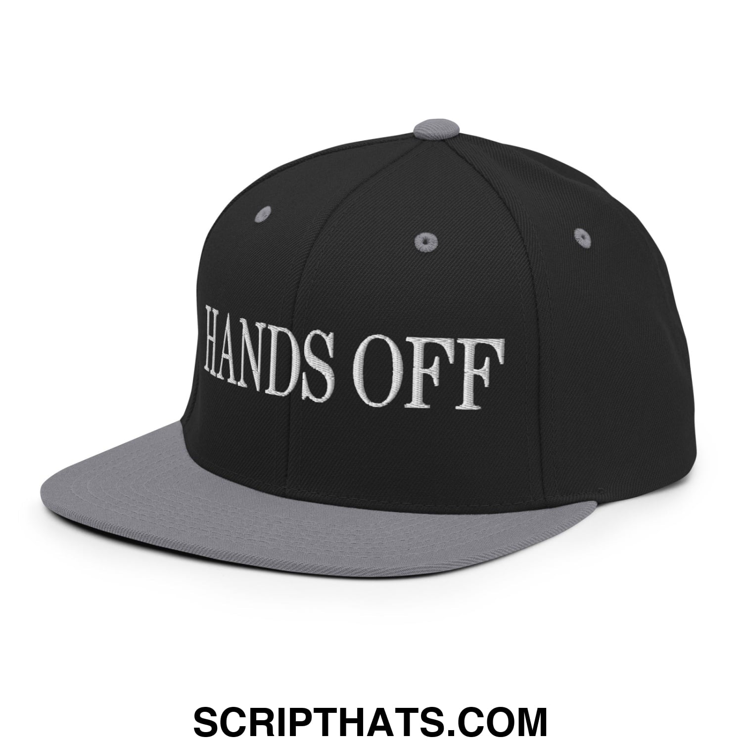 Hands Off Embroidered Flat Bill Brim Snapback Hat Black Silver