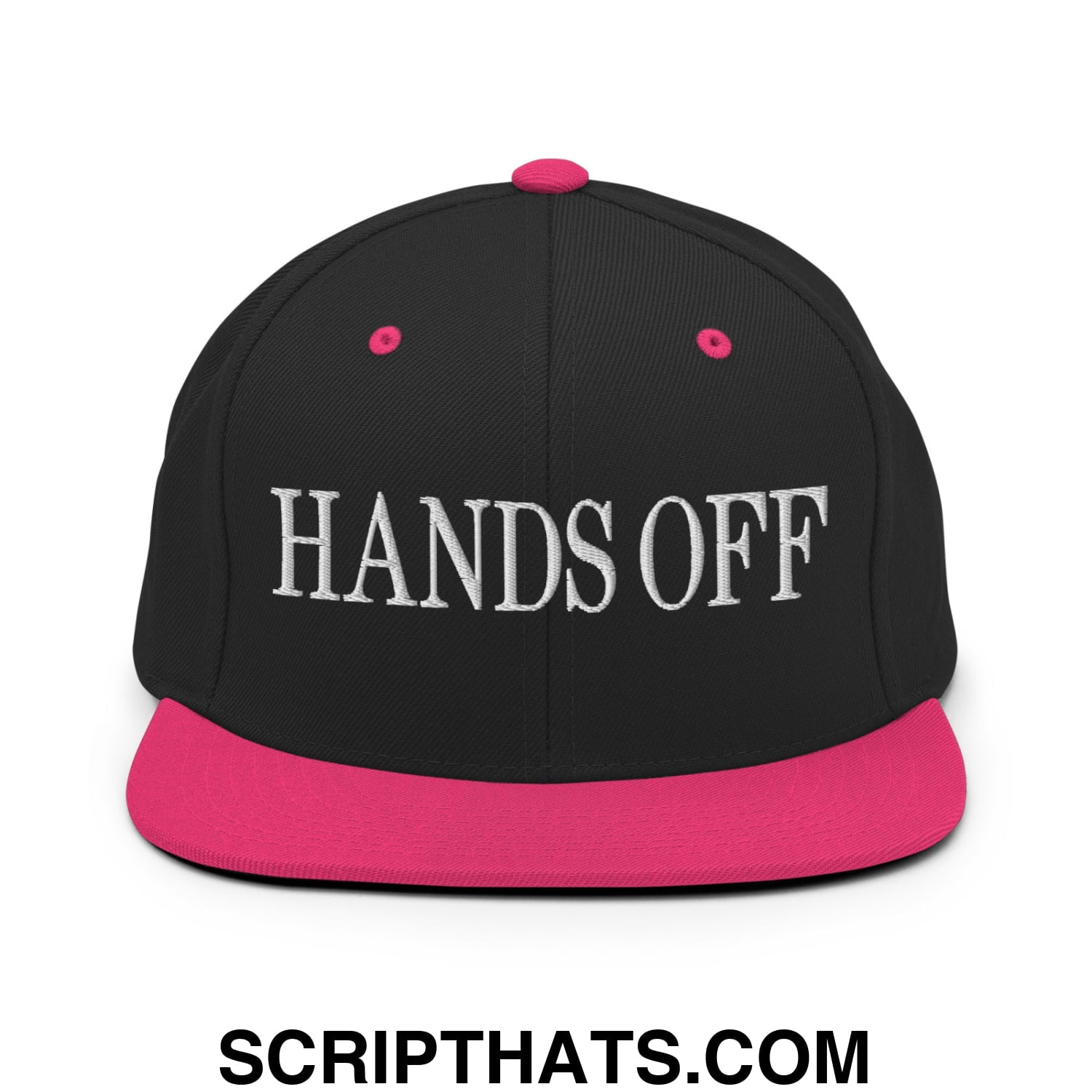 Hands Off Embroidered Flat Bill Brim Snapback Hat Black Neon Pink