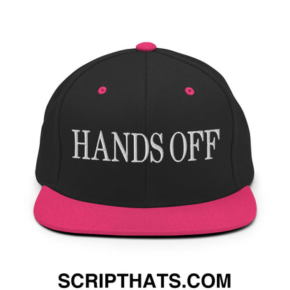 Hands Off Embroidered Flat Bill Brim Snapback Hat Black Neon Pink