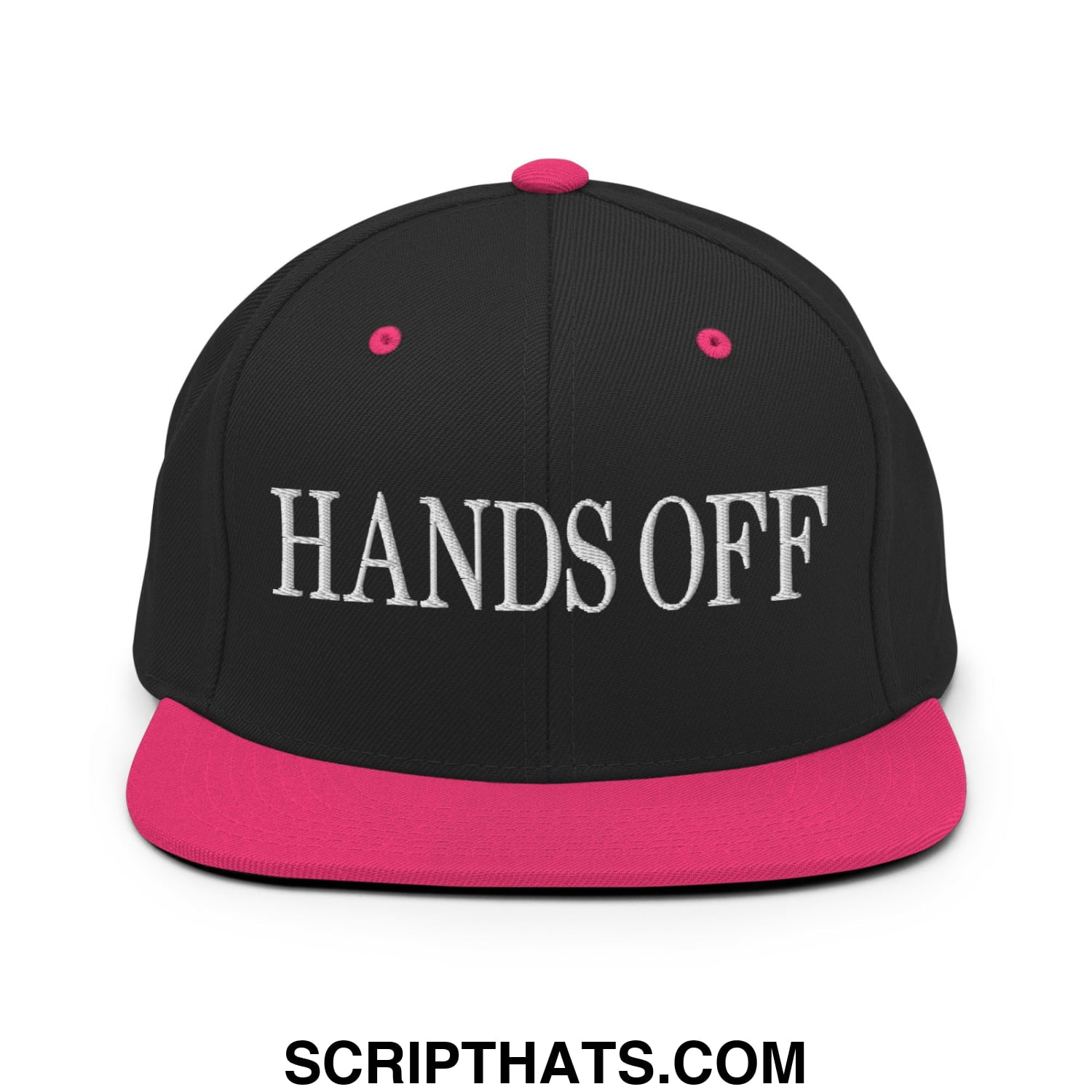 Hands Off Embroidered Flat Bill Brim Snapback Hat Black Neon Pink
