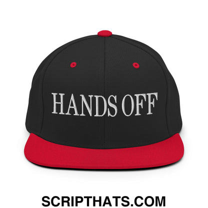 Hands Off Embroidered Flat Bill Brim Snapback Hat Black Red
