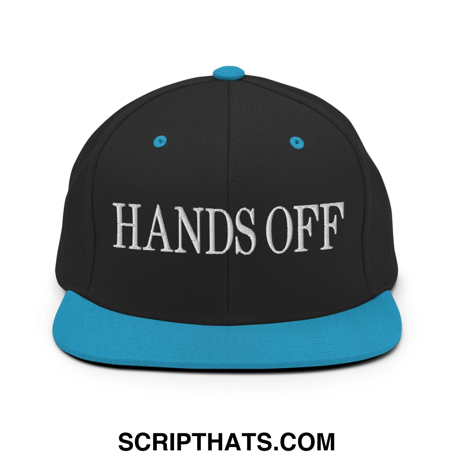 Hands Off Embroidered Flat Bill Brim Snapback Hat Black Teal