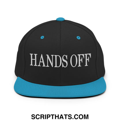 Hands Off Embroidered Flat Bill Brim Snapback Hat Black Teal
