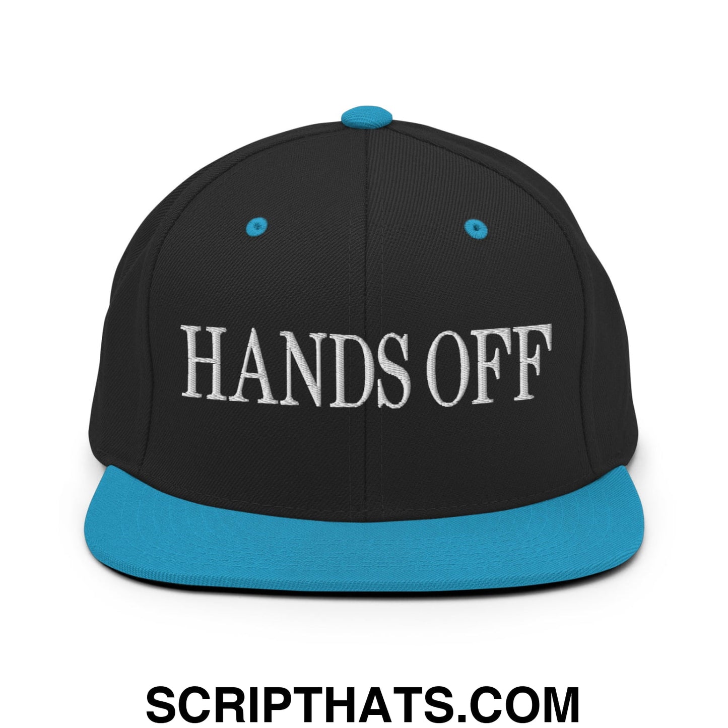 Hands Off Embroidered Flat Bill Brim Snapback Hat Black Teal