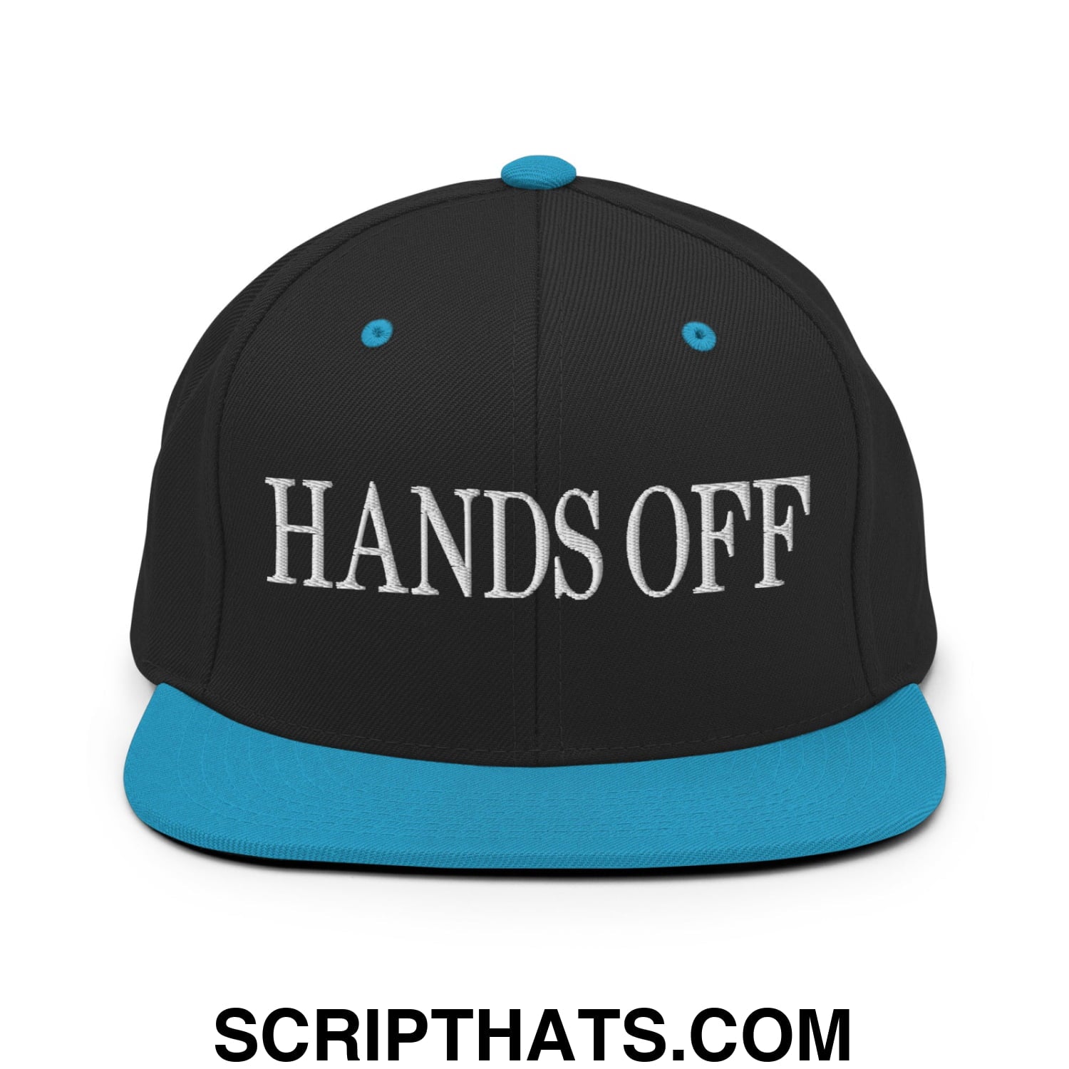 Hands Off Embroidered Flat Bill Brim Snapback Hat Black Teal