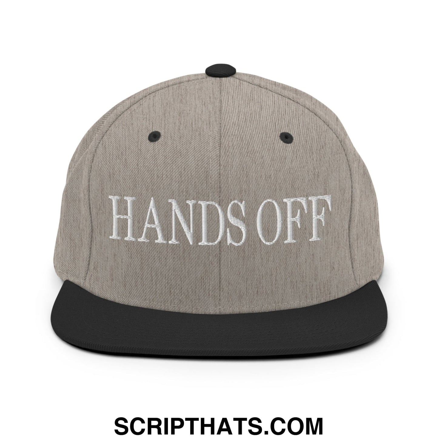 Hands Off Embroidered Flat Bill Brim Snapback Hat Heather Black