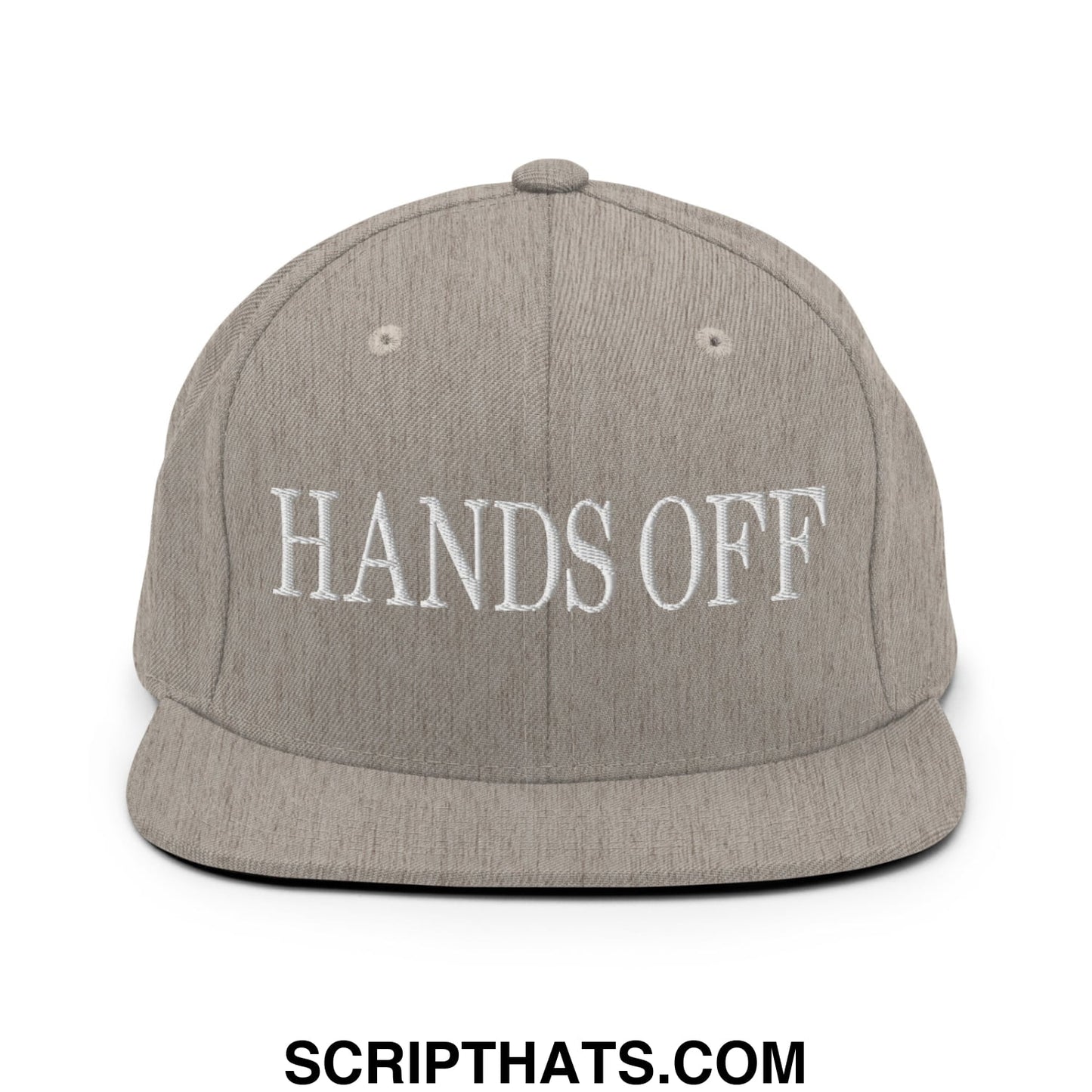Hands Off Embroidered Flat Bill Brim Snapback Hat Heather Grey
