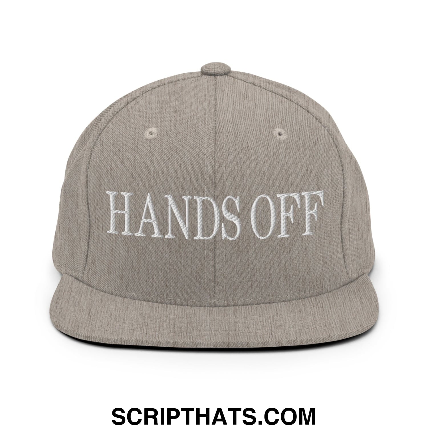 Hands Off Embroidered Flat Bill Brim Snapback Hat Heather Grey
