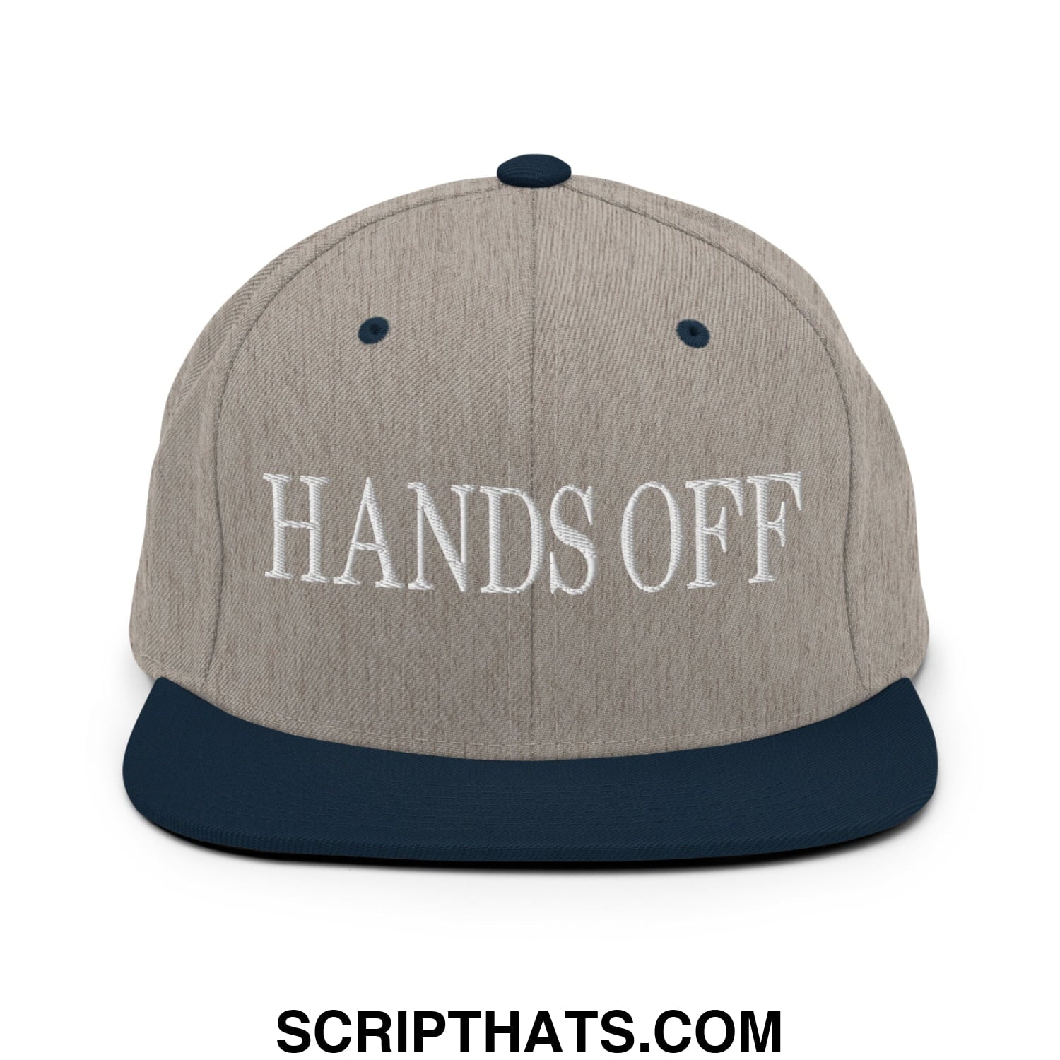 Hands Off Embroidered Flat Bill Brim Snapback Hat Heather Grey Navy
