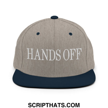 Hands Off Embroidered Flat Bill Brim Snapback Hat Heather Grey Navy