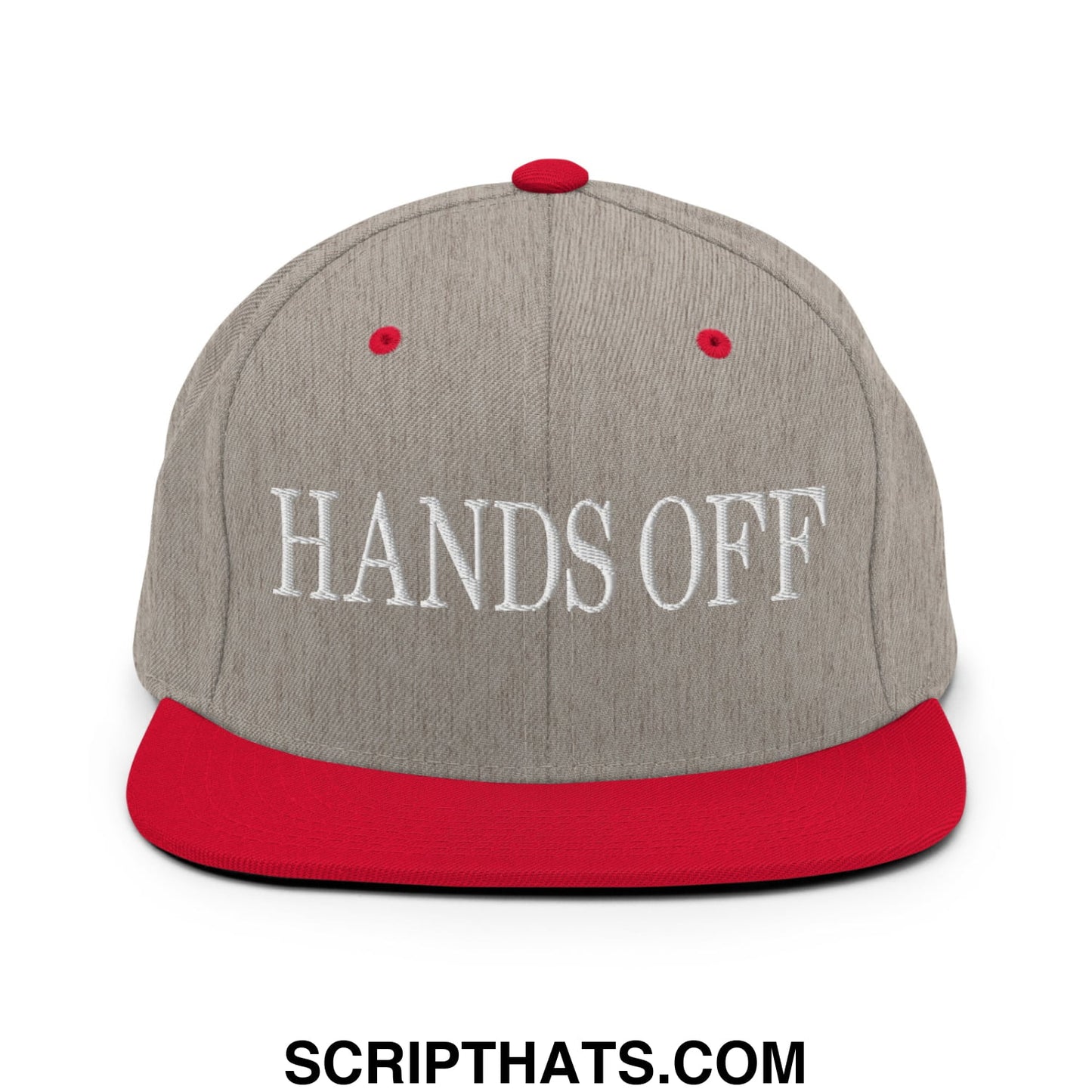 Hands Off Embroidered Flat Bill Brim Snapback Hat Heather Grey Red