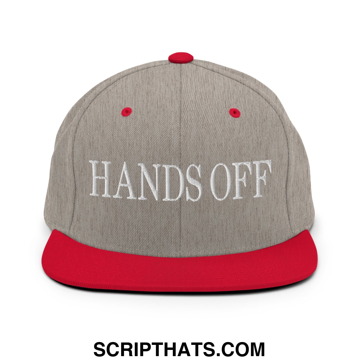 Hands Off Embroidered Flat Bill Brim Snapback Hat Heather Grey Red