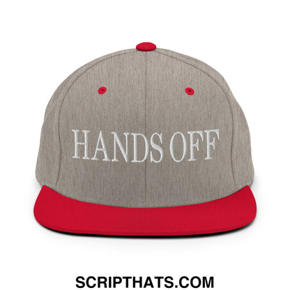 Hands Off Embroidered Flat Bill Brim Snapback Hat Heather Grey Red