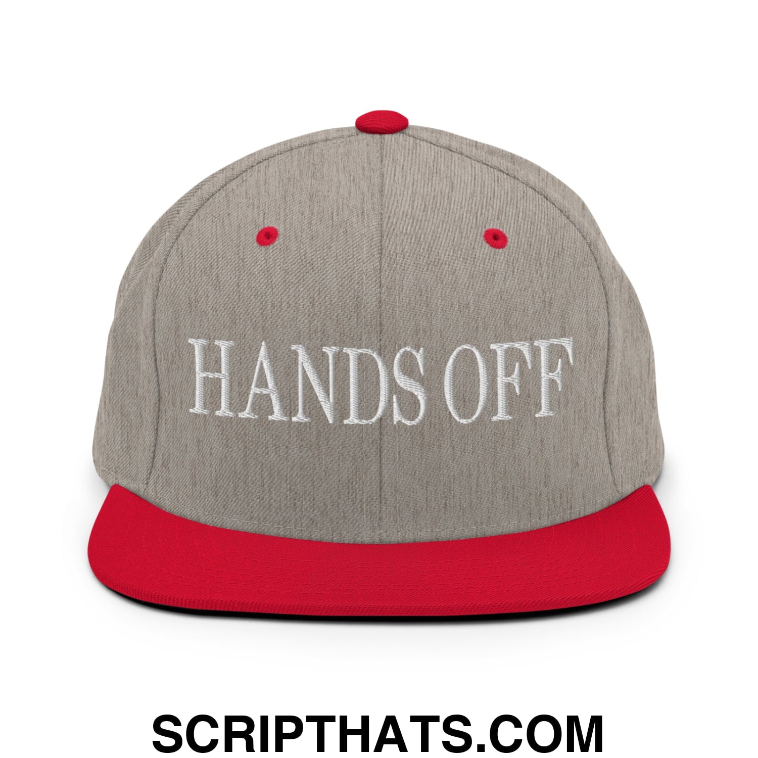 Hands Off Embroidered Flat Bill Brim Snapback Hat Heather Grey Red