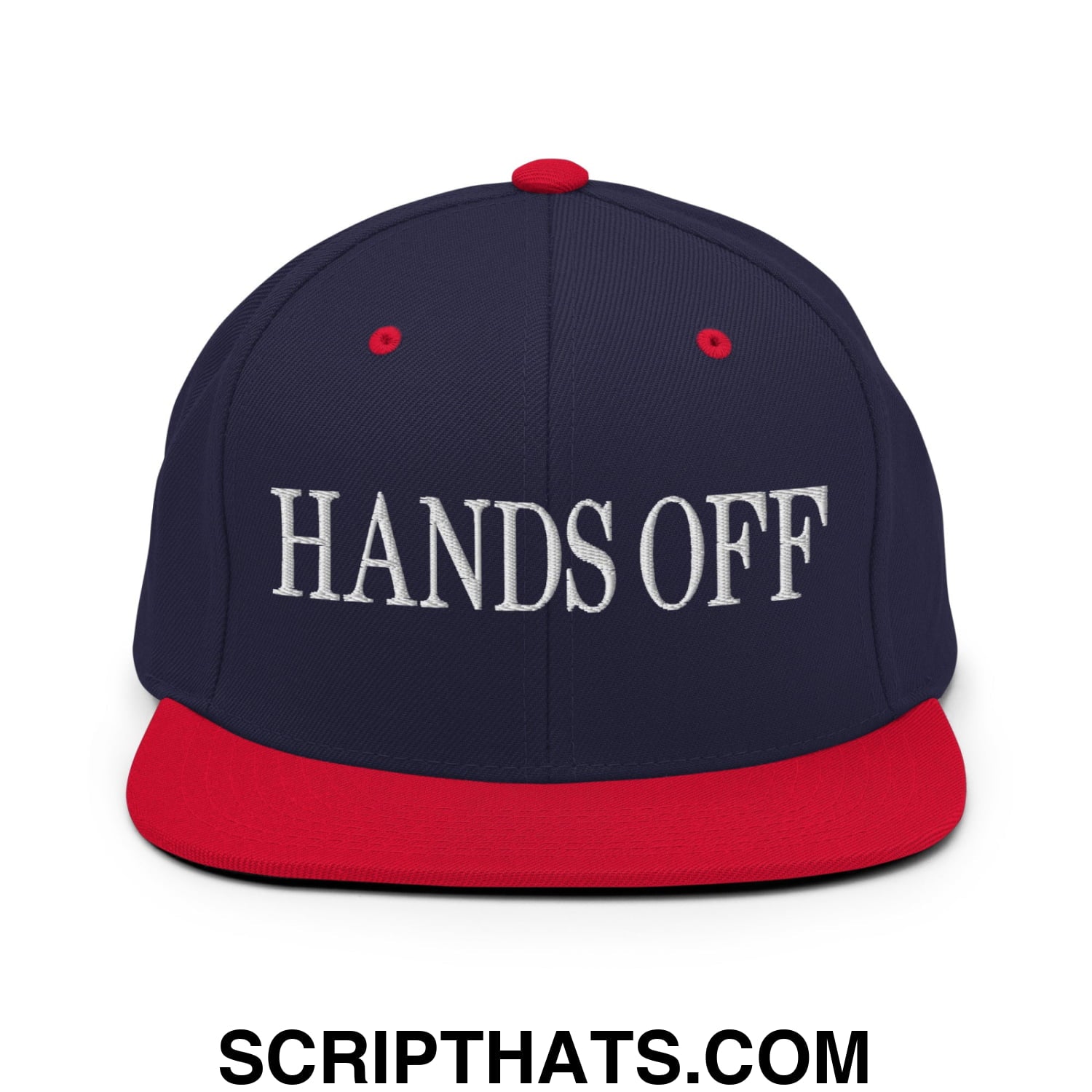 Hands Off Embroidered Flat Bill Brim Snapback Hat Navy Red