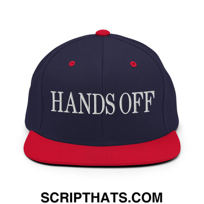 Hands Off Embroidered Flat Bill Brim Snapback Hat Navy Red