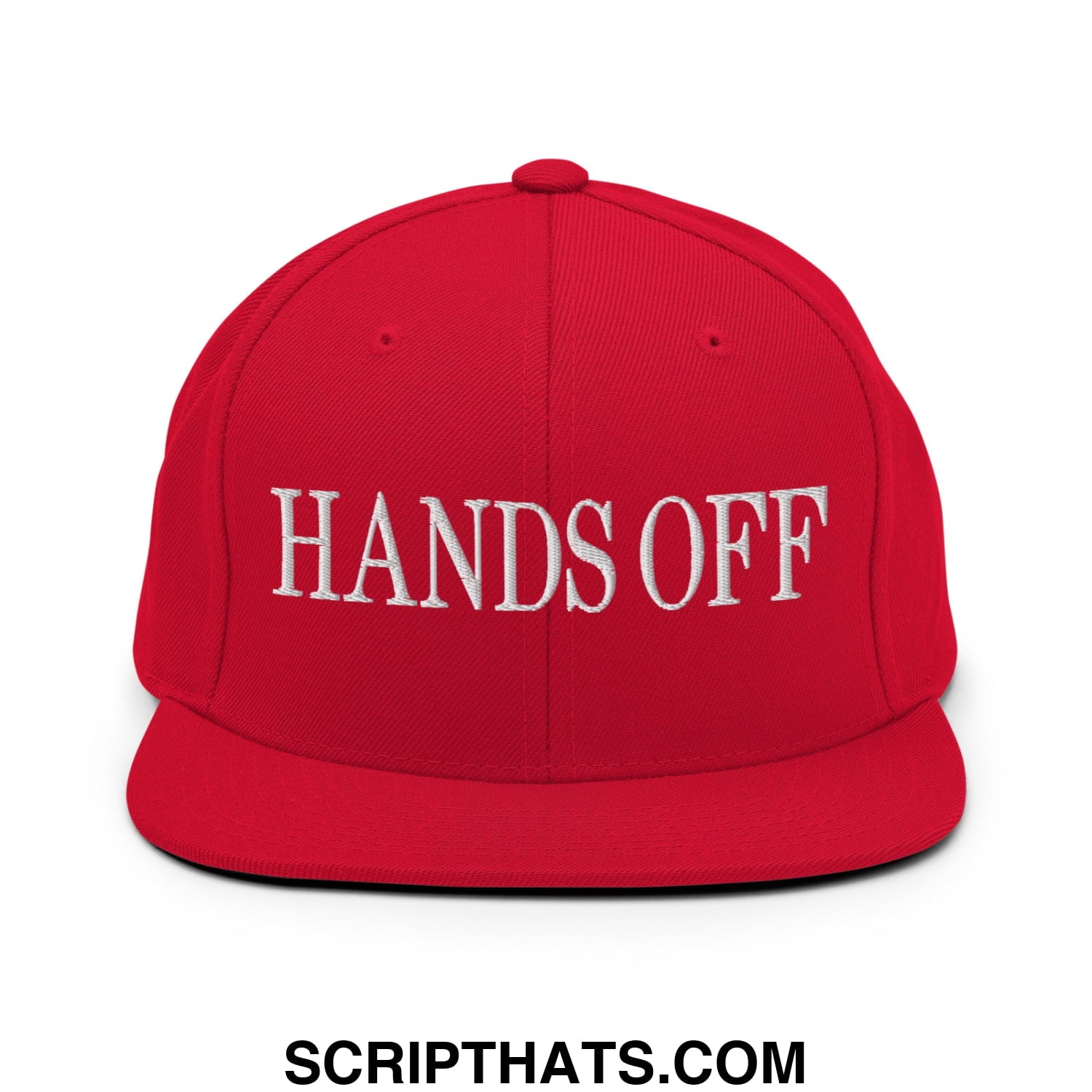 Hands Off Embroidered Flat Bill Brim Snapback Hat Red