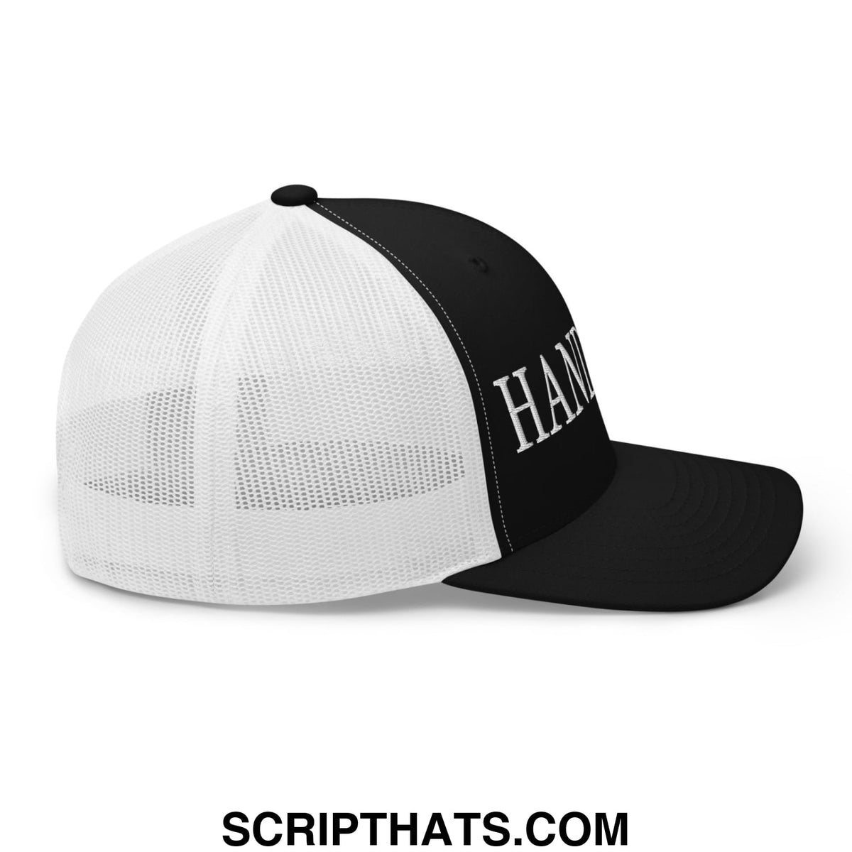 Black and white mesh trucker hat with han embroidered in silver script on front panel hands off design