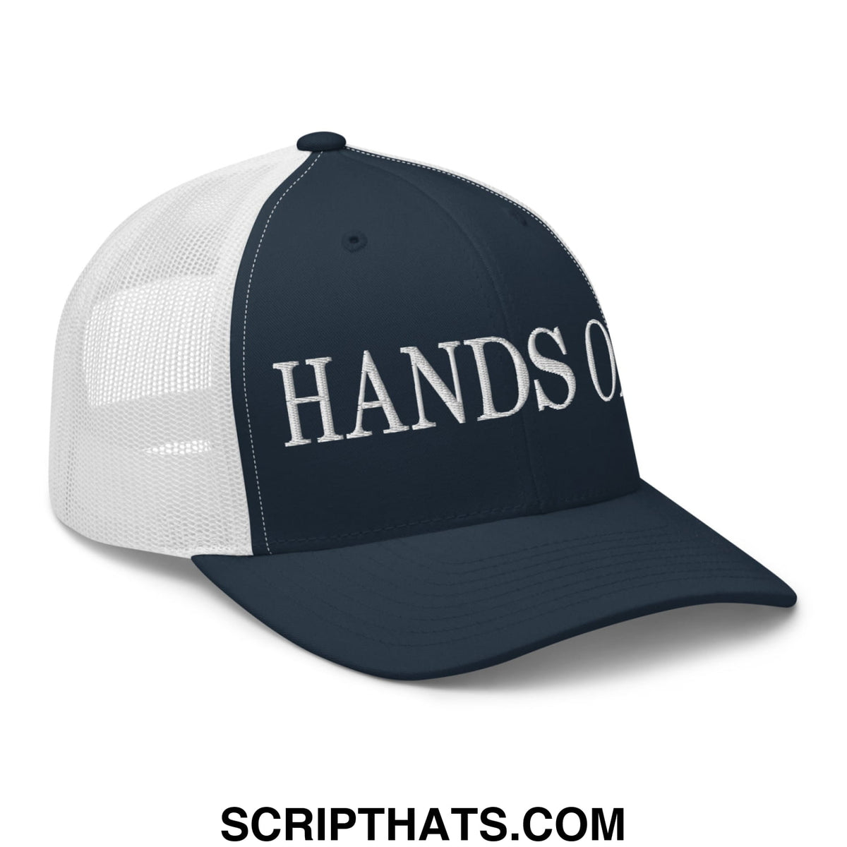 Navy blue and white mesh trucker hat with hands off embroidered in silver thread on the front panel