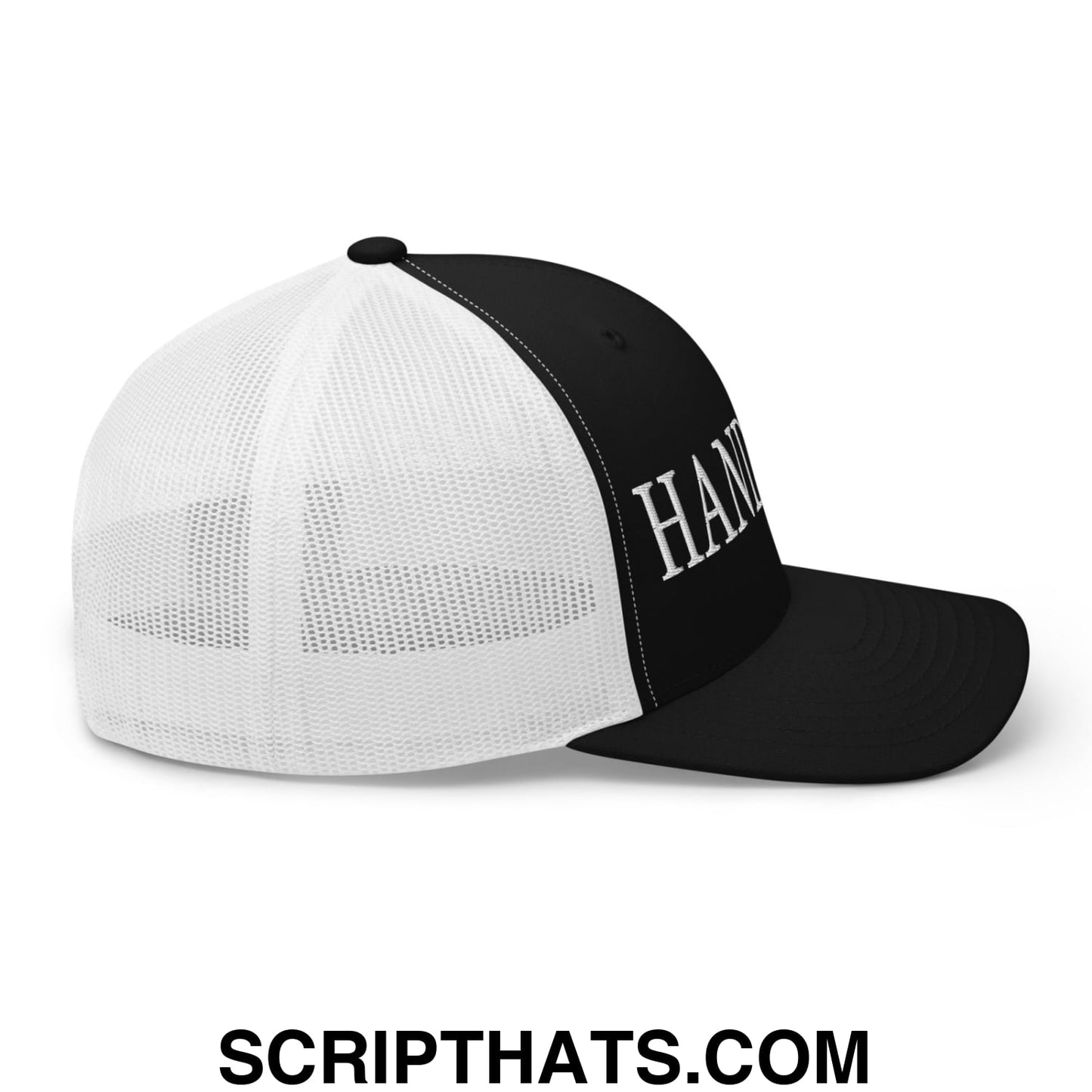 Hands Off Embroidered Mesh Trucker Hat Black White