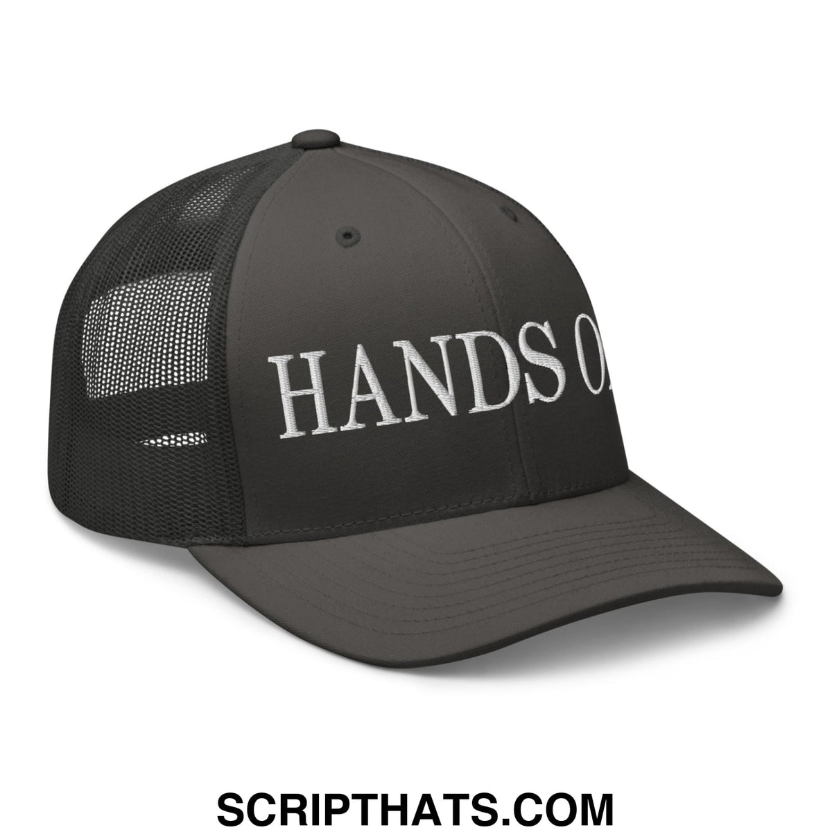 Black mesh trucker hat with white embroidered hands off text on the front panel for casual wear