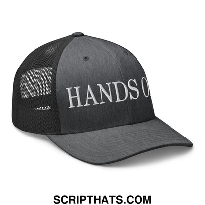 Black mesh trucker hat with white embroidered hands o text on the front panel for casual wear