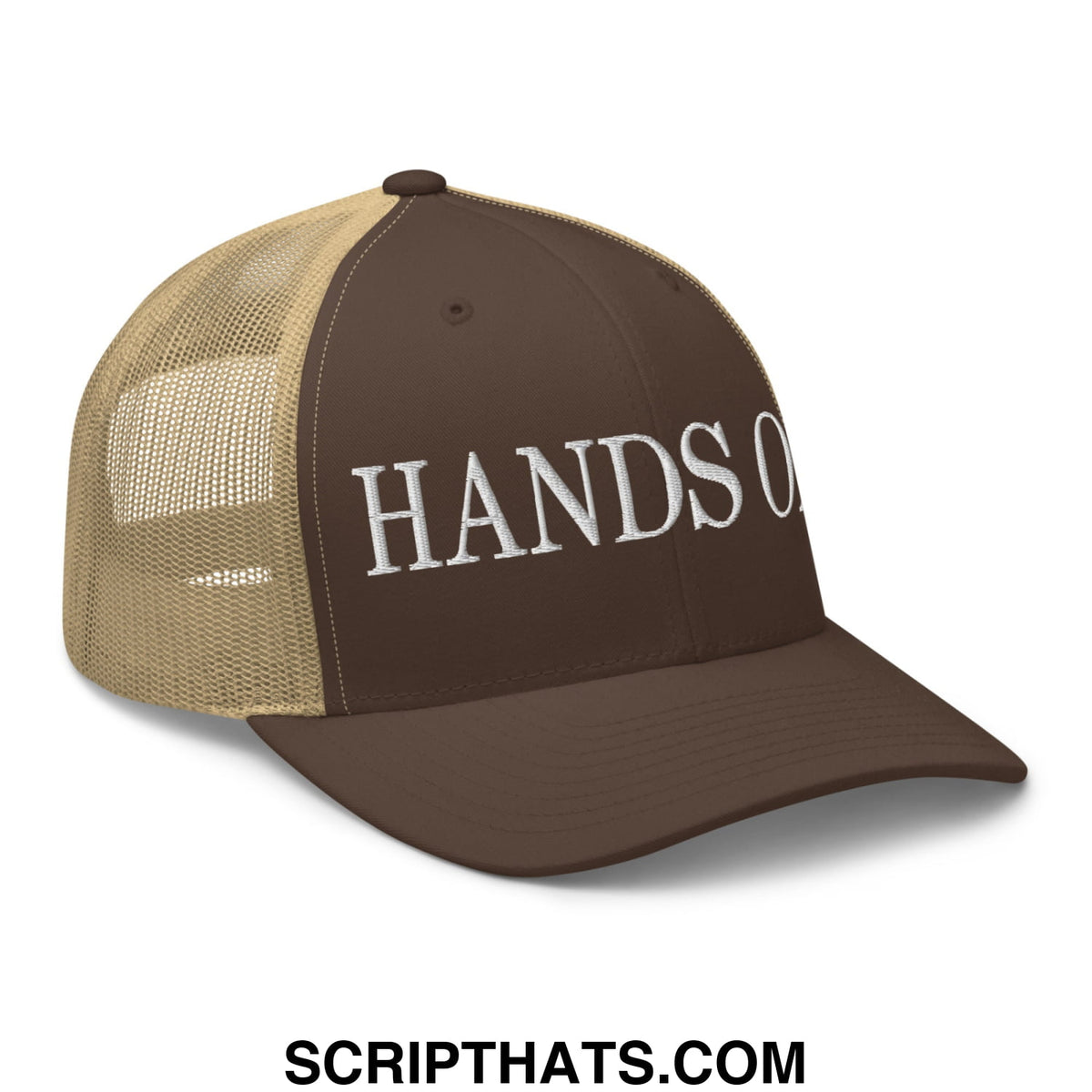 Brown and tan mesh trucker hat with white hands off embroidered lettering and breathable mesh back panel