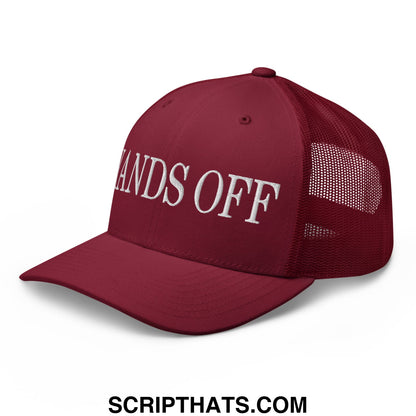 Maroon mesh trucker hat with white embroidered hands off text on the front panel for casual wear