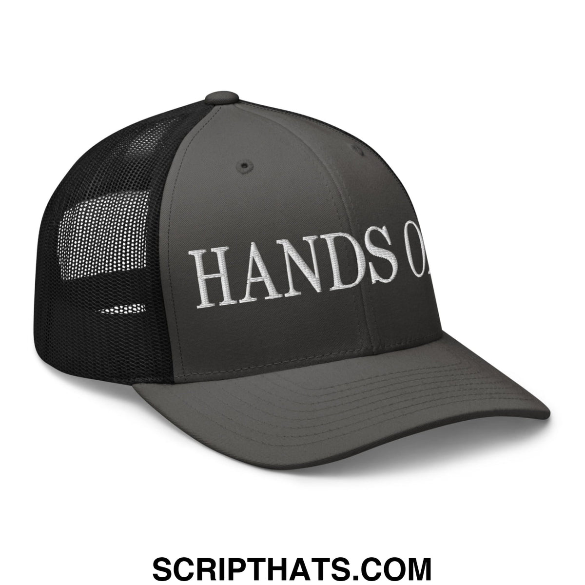 Dark gray hands off embroidered mesh trucker hat with white lettering and black mesh back panel