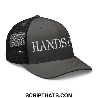 Dark gray hands off embroidered mesh trucker hat with white lettering and black mesh back panel
