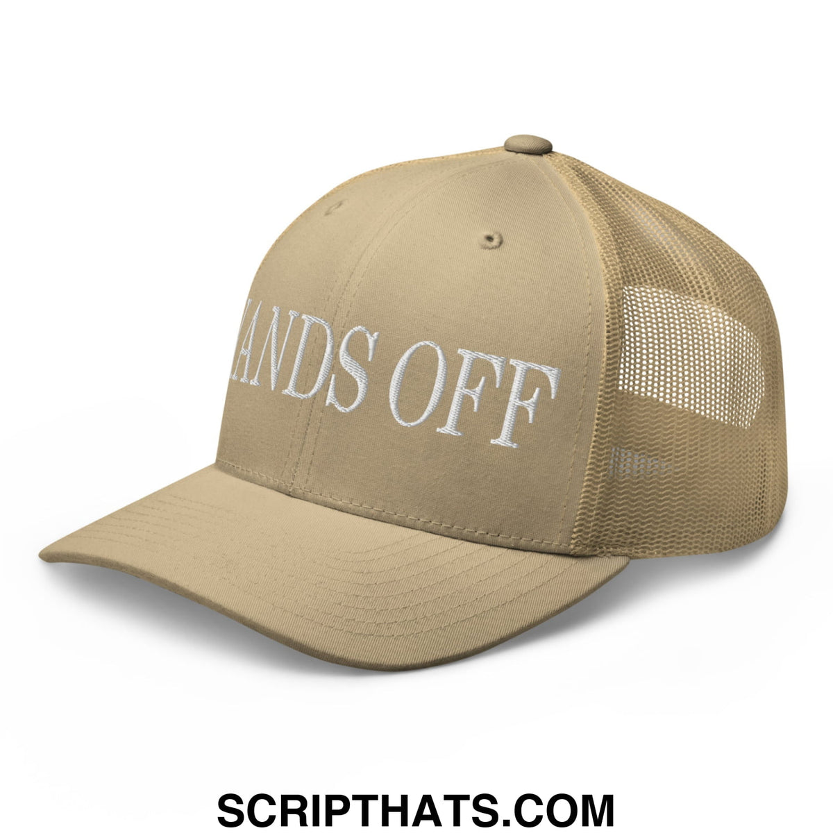 Tan mesh trucker hat featuring white embroidered hands off text on the front for casual wear