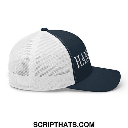 Navy blue and white mesh trucker hat with hands off embroidered lettering on the side for casual wear