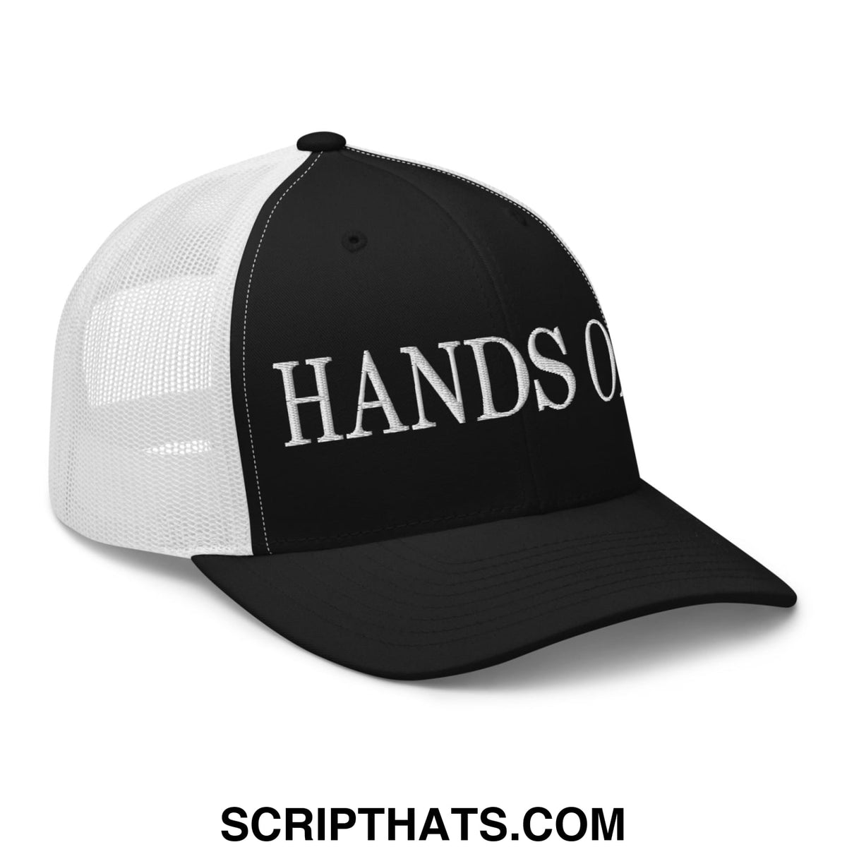 Black and white mesh trucker hat with hands off embroidered in silver thread across the front