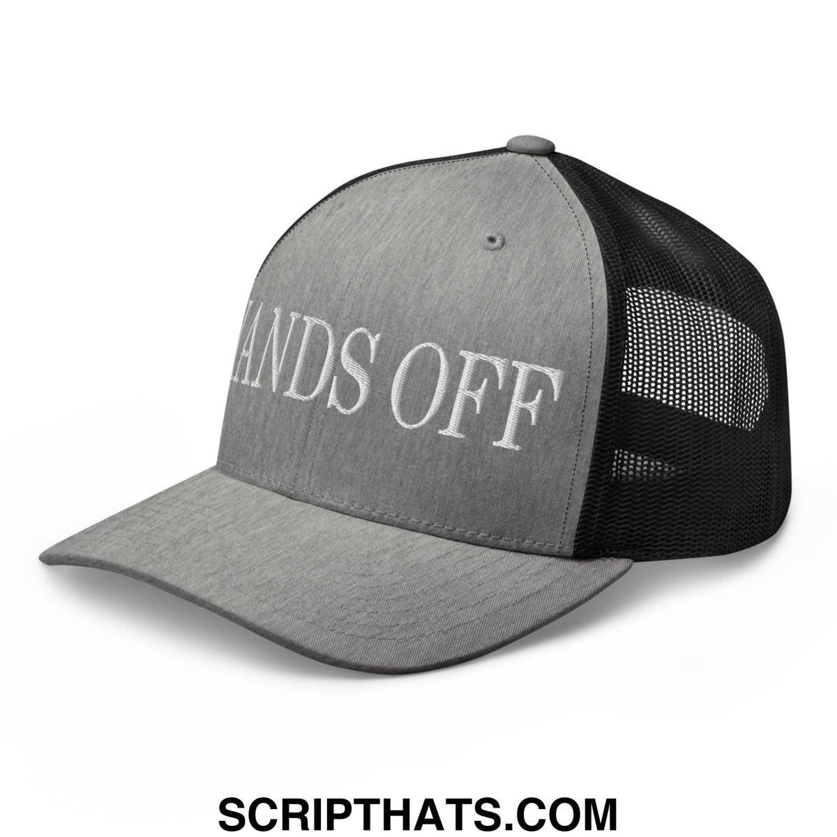 Gray and black mesh trucker hat with hands off embroidered in white script across the front